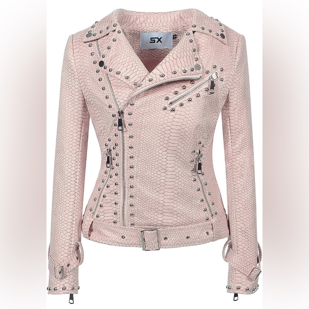 SX Womens Suede Leather Jackets Long Sleeve Oblique Zipper Short Moto Biker Coat